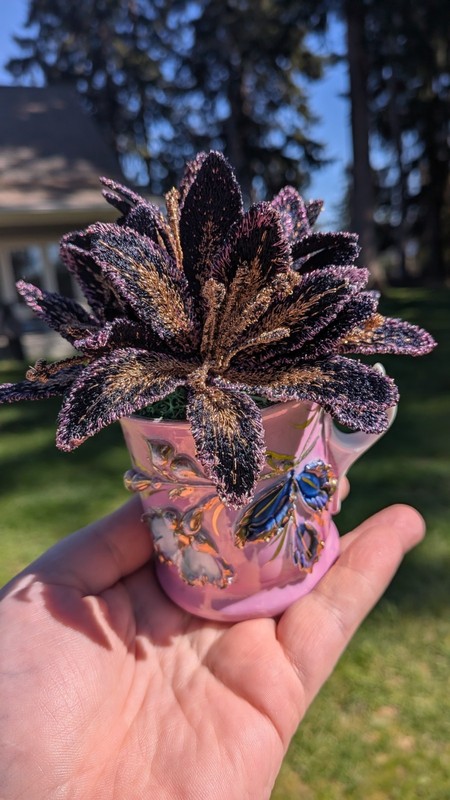 unique lily flower Sculpture Made Of Embroidery Thread in teacup dimestese 1950