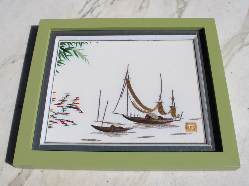Vintage TZ Vietnam Hand Embroidered Silk Boats Landscape Framed w/COA