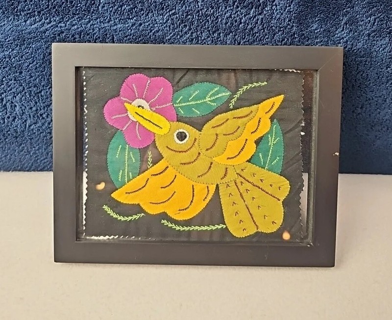 Vintage Molas Kuna Indians Folk Art Framed Embroidery Piece Parrot Bird