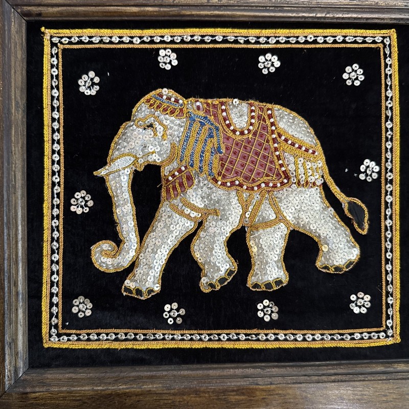 VINTAGE THAI PEARL BEAD SEQUIN WOOD FRAMED ART ELEPHANT BLACK VELVET 15.5”x14” gallery
