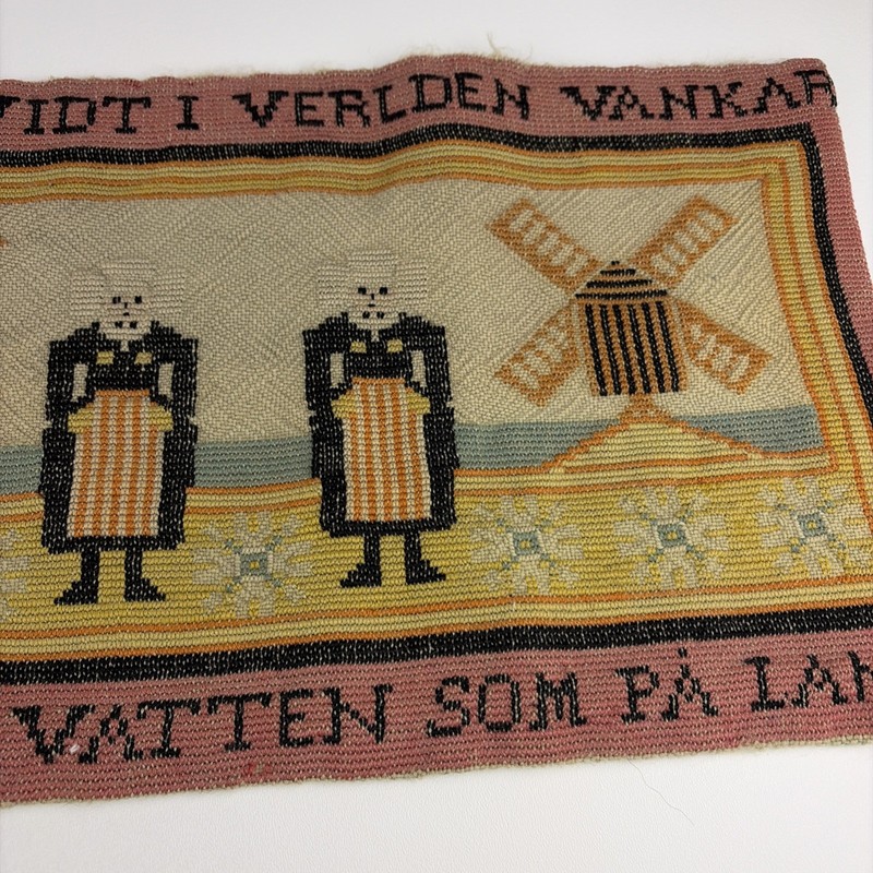Vintage Swedish Folk Art Windmill Wool Embroidered Tapestry Textile 32" x 11.5" gallery