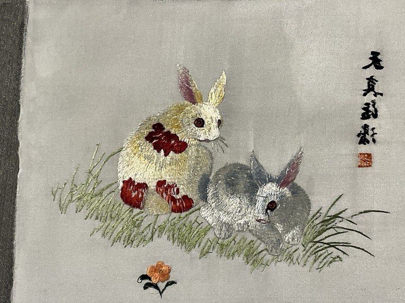 Satin Floss on silk rabbits hand embroidered Asian Finished piece