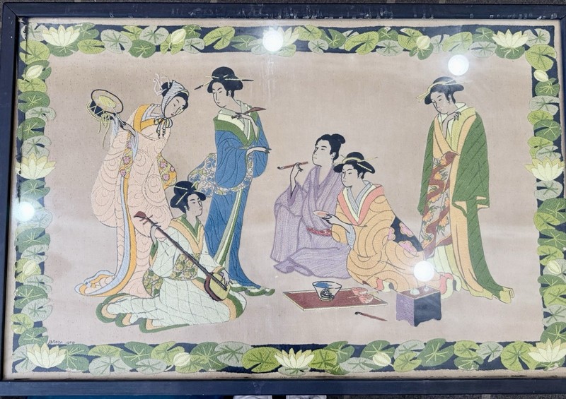 vintage asian silk embroidery Geisha Tea Ceremony Wall Art 24x 36 Textile Panel