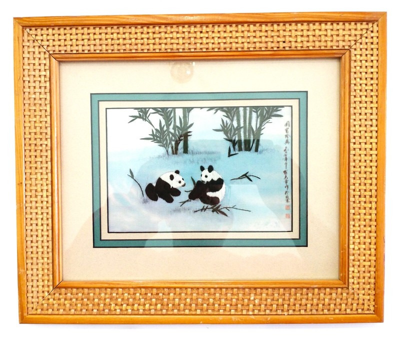 Chinese Silk Art Hand Woven/Embroidered Panda Bears Signed & Framed 12.5"x10.5"