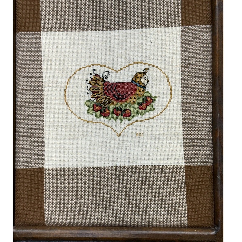 Country Chicken Heart Cross Stitch Framed Wall Art Rustic Farmhouse Cottagecore gallery