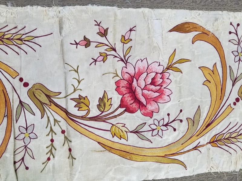 Antique French Hand Embroidered Floral Panel with Metallic Lace 118x26cm gallery