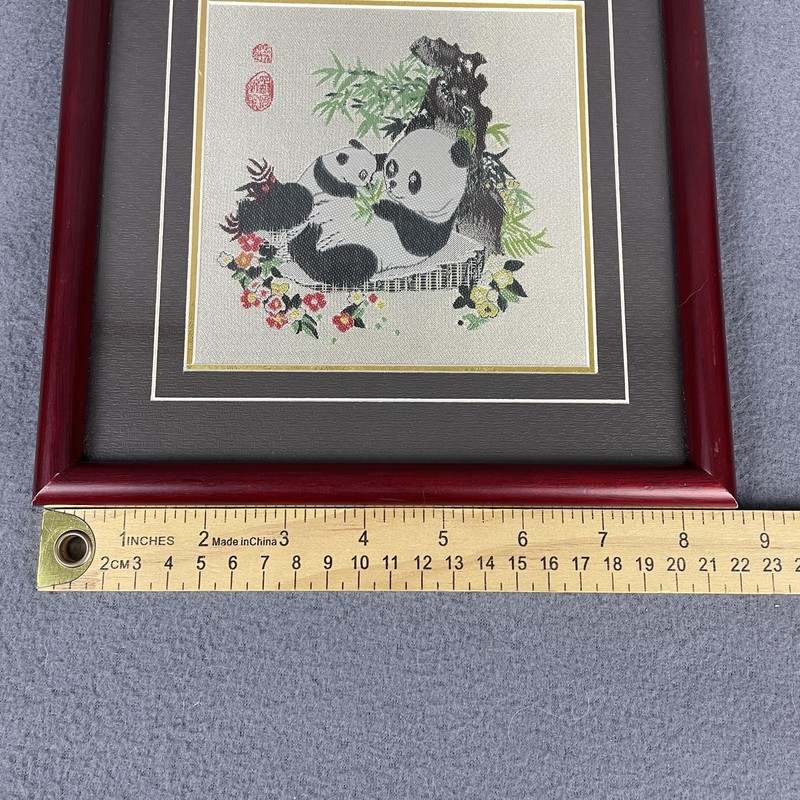 Chinese Silk Embroidery Panda Bears Framed Tapestry 9x9 Red Frame Art Animals gallery