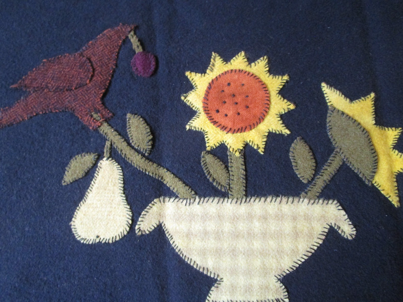 Hand Stitched Wool Felt Sun Flower Crow Folk Art cloth Primitive patched fabric