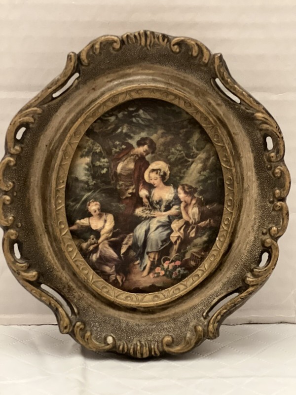 Vintage Mini Silk Portrait Three Women & Man Garden Scene Ornate Victorian Frame gallery