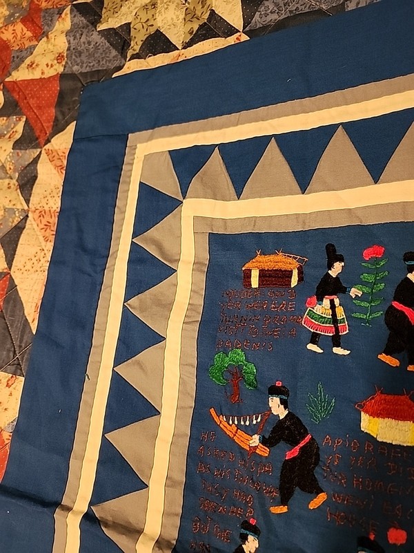 Vintage Hmong Story Cloth: Traditional Scene Huts People Animals And Writing gallery