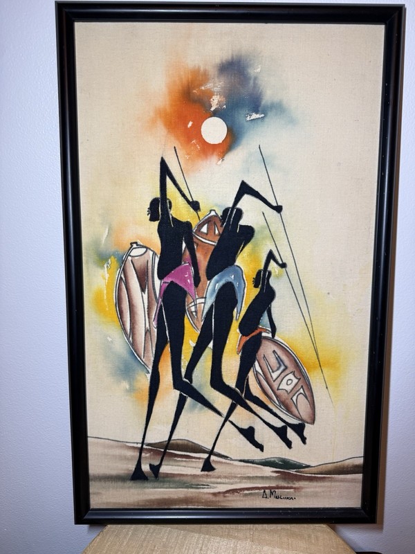 Vintage Dick Muliika African Tribal Painting On Fabric Framed 26”x16”