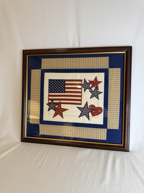Vintage Handmade Quilt Custom Wood Glass Framed Square Americana Folk Wall Art