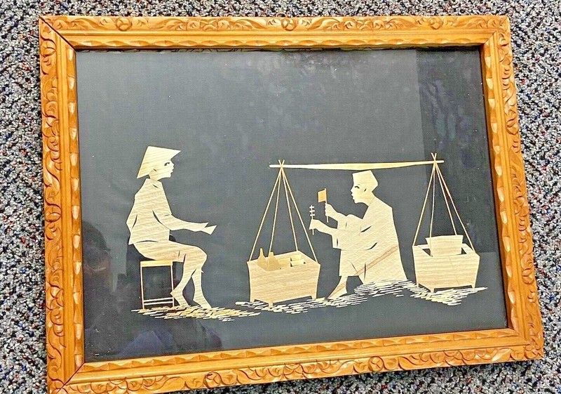 Vintage Asian Bamboo Straw Folk Art Wall Hanging