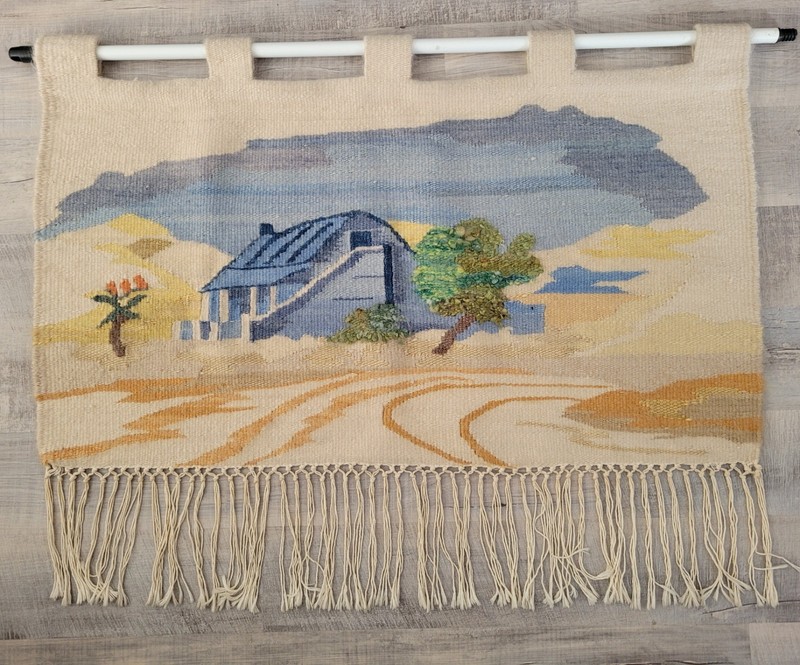 Hand Woven Country Scene Fiber Wall Art Wool/Alpaca Tapestry Hanging 34″x42″W