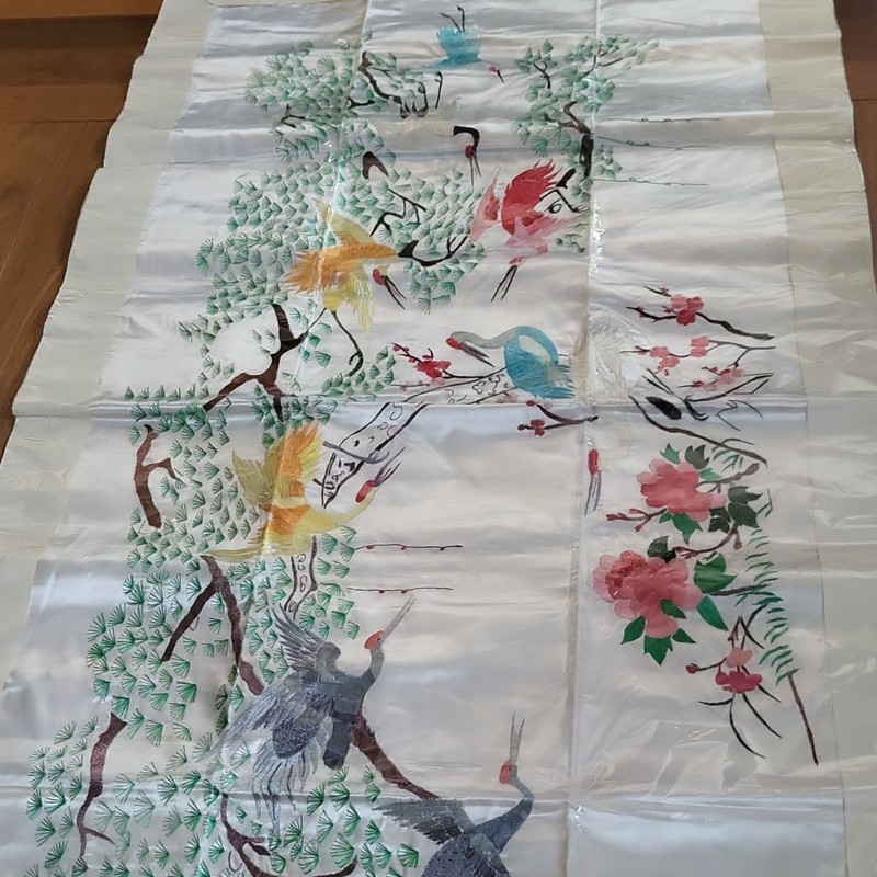 Chinese Silk Embroidered Wall Hanging with Birds Flowers Tree Nature