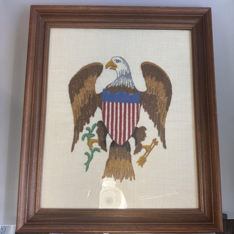 Vtg Patriotic Eagle Embroidery Crewel Framed MCM Wall Art Americana 17"x20" gallery