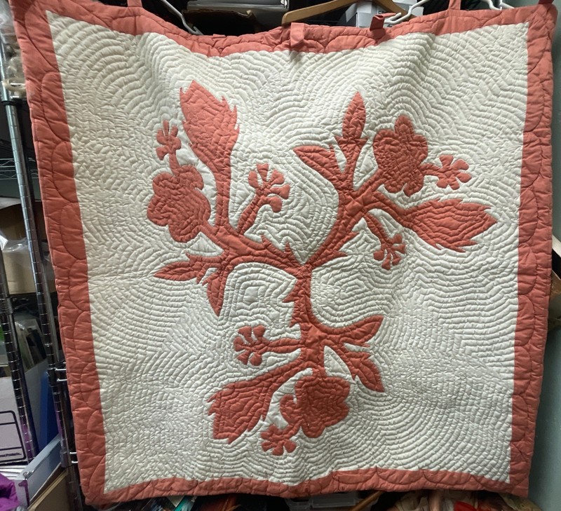 Hawaiian Quilt Wall Hanging Applique Coral Textile Art Handmade 47"x47"