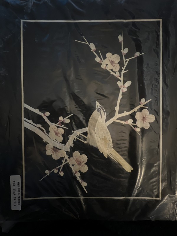 Wall Art Wheat Stalk Hand Cut Painted On Silk 9 x11″ Bird And Flower Mix Medium