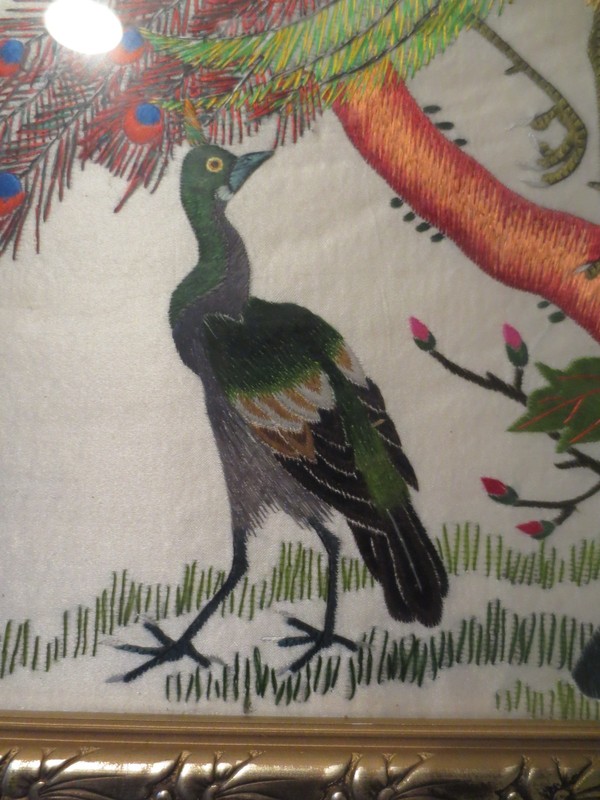 VINTAGE CHINESE PEACOCK & ROSES FRAMED SILK EMBROIDERY ON SILK gallery