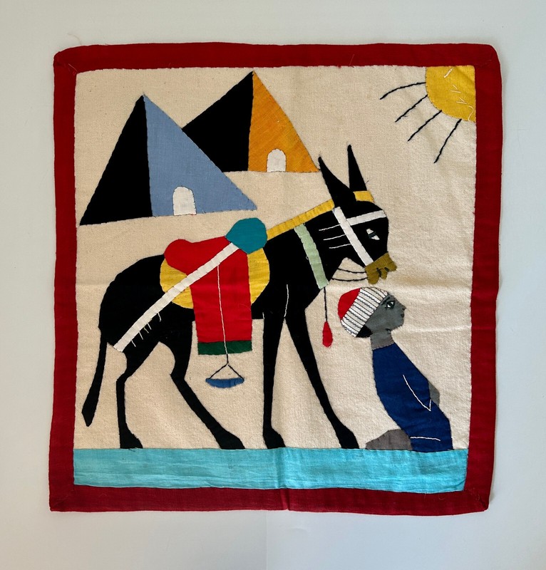 Vtg Khayamiya Egyptian Wall Hanging Hand Sewn Applique Textile Art Donkey Tents gallery