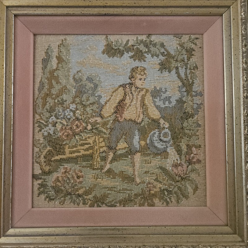 Vintage Framed Victorian Handwoven Tapestry Set Gold Pink Frame Romantic Pair gallery