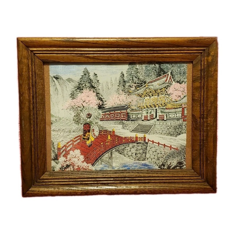 Framed Asian Landscape Embroidered Tapestry with Bridge, Pagoda, Cherry Blossom