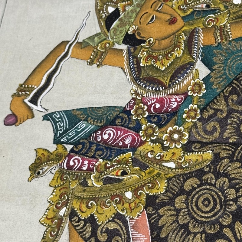 Vintage Batuan Bali Signed Balinese Dancer Painting On Cloth Folk Art gallery