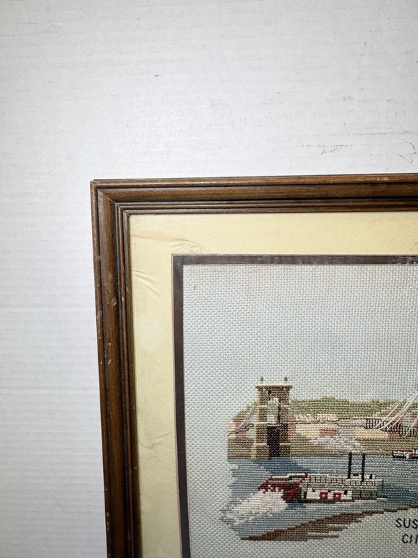 VINTAGE Signed NEEDLEPOINT Yarn Art Roebling Suspension Bridge Cincinnati OH gallery