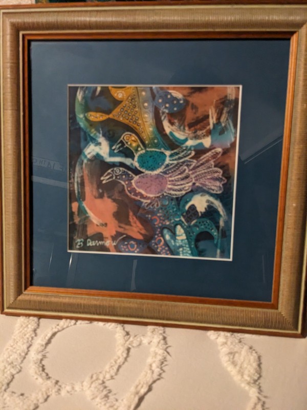 Batik Fabric Artist Signed Framed Birds Multi Color 14×14