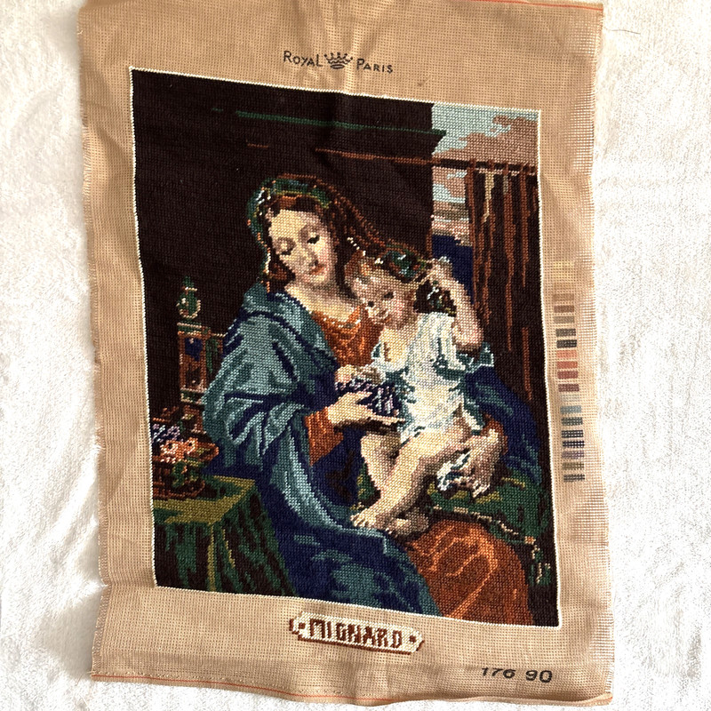Vtg Needlepoint Mary Jesus French Mignard Louvre Royal Paris Handmade Unframed