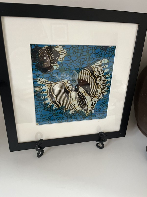 Batik silk Hand Dyed Butterfly Fabric Art. Turquoise blue Framed & Mounted gallery