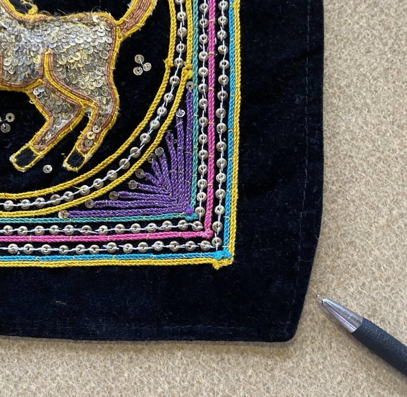 VTG Burmese Kalaga Hand Embroidered Tapestry Horse Sequin Asian Art 11.5” Square gallery