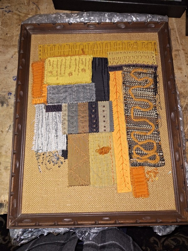 Framed Abstract Textile Art Embroidery Wool Cotton Yellow Orange Brown