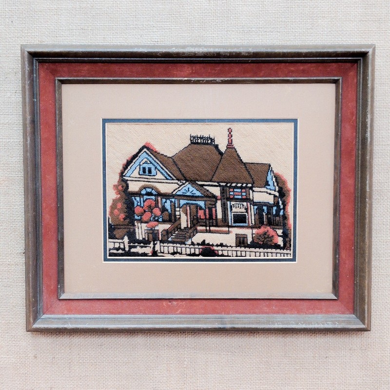 Vintage needlepoint Queen Annehouse widow’s walk velvet wood frame mcm colors