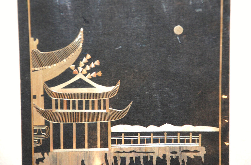 CHINESE STRAW PATCHWORK Bamboo Leaf Rice Asian Linen Fabric Folk Art 1940's Old gallery