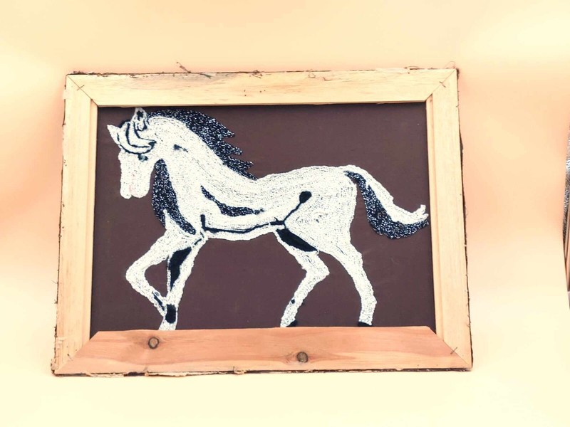 Horse Yarn Art Completed White Black on Brown Frabric Textile Art 20" X 15" gallery