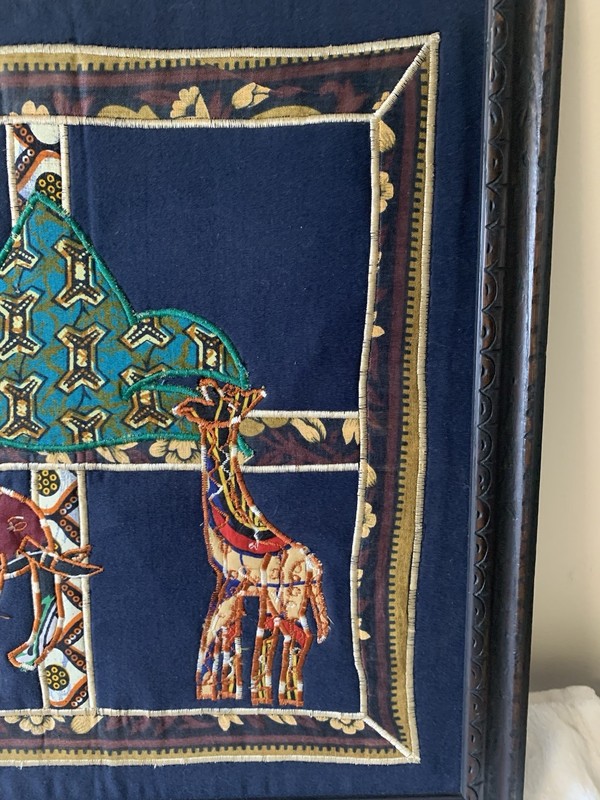 Antique Rare African Art Embroidered Fabric Wall Animals Handmade Custom Framed gallery