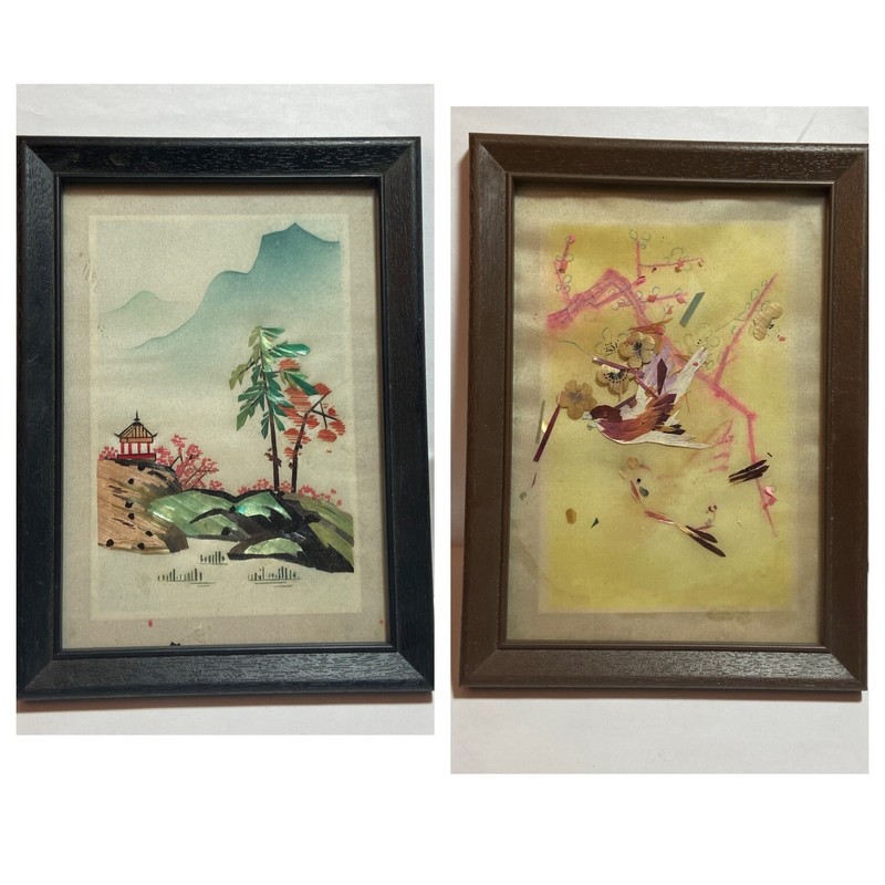 2 Vintage 60s Framed Wheat Stalk Cutting Art Pictures Bamboo Silk Pagoda Birds
