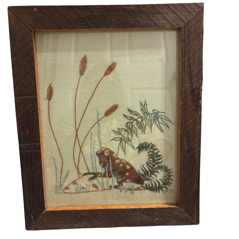 Vintage 70’s Crewel Embroidered Tapestry Rustic Frame Frog w Cattails MCM Decor