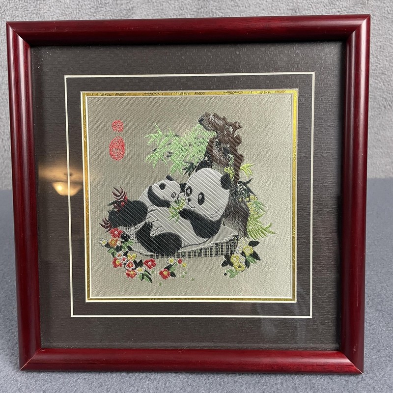 Chinese Silk Embroidery Panda Bears Framed Tapestry 9x9 Red Frame Art Animals gallery