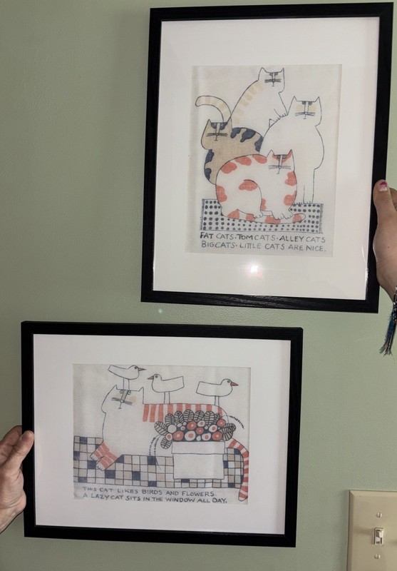Set of 2 Fabric Matted & Framed Cat Art – Primitive Fine Line Folk Art Vintage