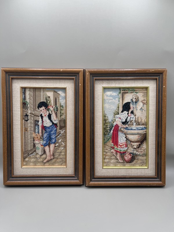 Charming Vintage Framed Cross-Stitch Art Set – Boy & Girl Scenes
