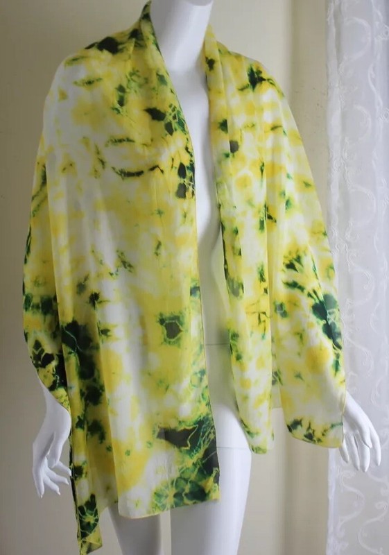 DESIGNER Silk TieDye ARTIST Shibori Fine Yellow Green Dizzying Shawl or Scarf