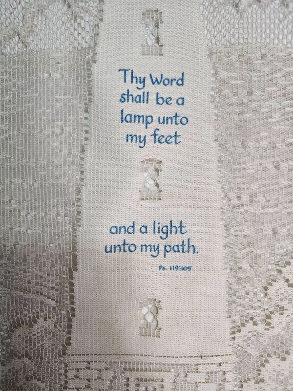 Vintage Filet White Crochet Panel Lighthouse Wall Hanging with PS 119:105 Verse gallery