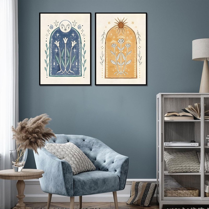 2Pcs Vintage Boho Sun and Moon Canvas Wall Art Sunflowers Pictures Spiritual ... gallery