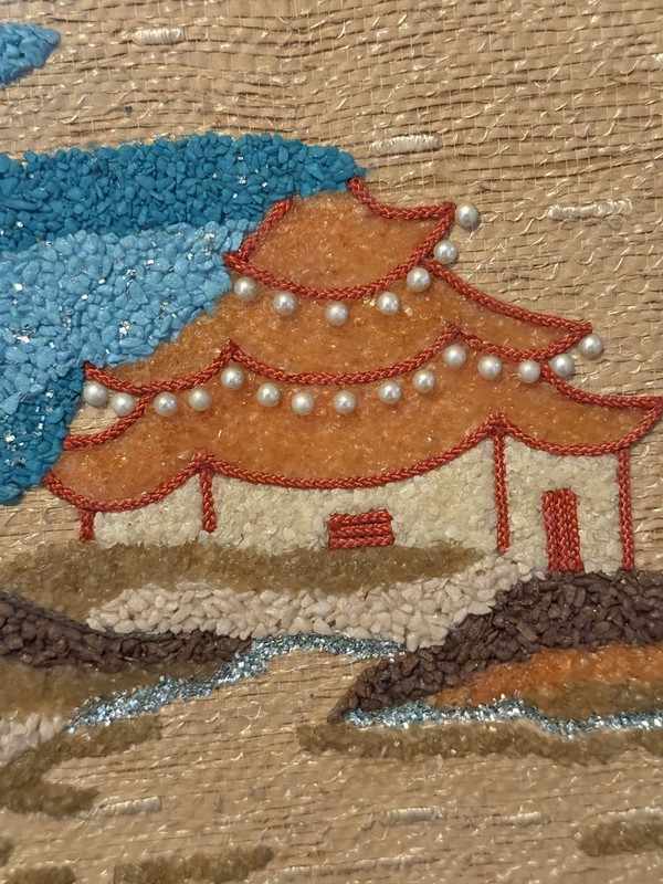 MCM MID-CENTURY MODERN Pebble Gravel Art Asian Landscape on Burlap Pagoda FRAMED gallery