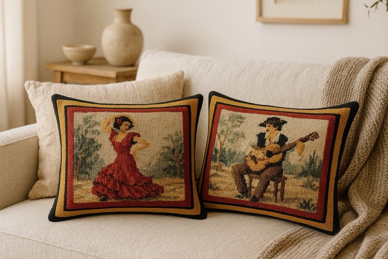 French Needlepoint Tapestry Pair Flamenco Dancer & Guitarist – Unframed Textile