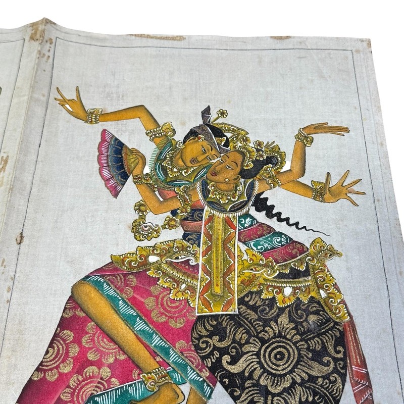 Vintage Batuan Bali Signed Balinese Dancer Painting On Cloth Folk Art gallery