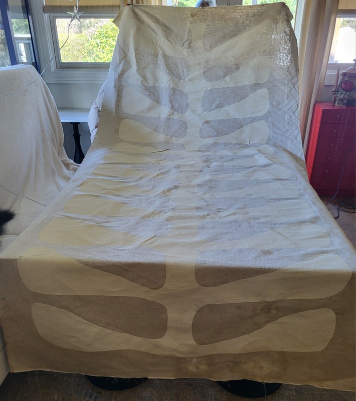 AS-IS vtg 70s Abstract «Rib Rack» wall-hanging print natural linen 56″ x 120″
