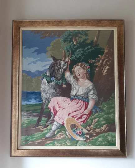 Antique Hand Embroidery Needle Work Picture Girl with Goat Framed.